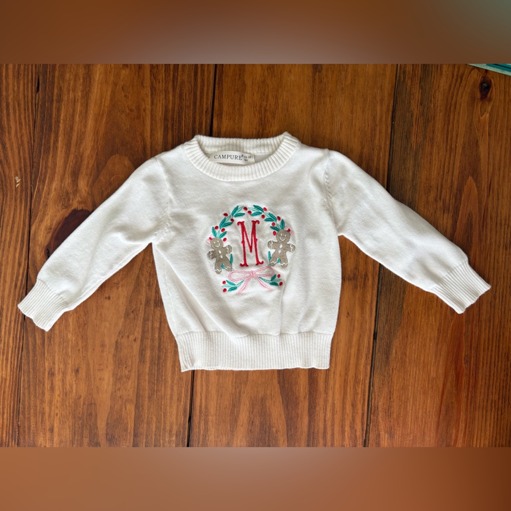“M” initial gingerbread wreath sweater embroidered bow Christmas